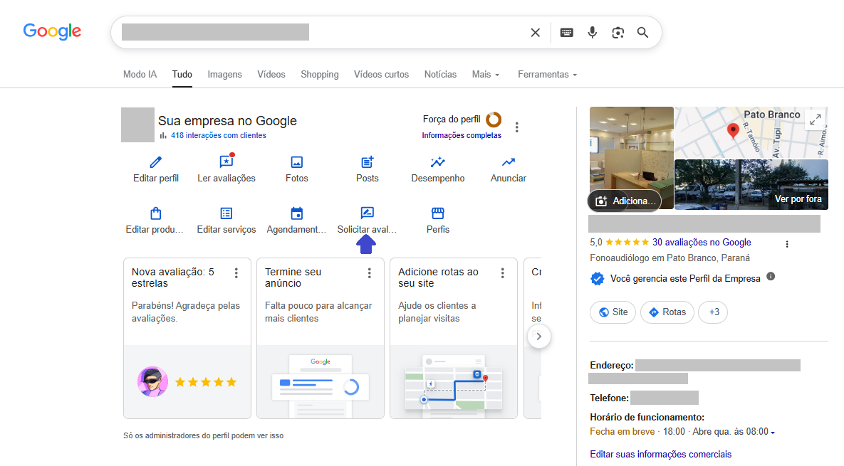 Perfil da Empresa no Google com a opção Solicitar avaliações destacada