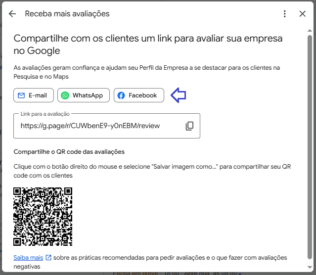 Janela Receba mais avaliações com as opções E-mail, WhatsApp e Facebook