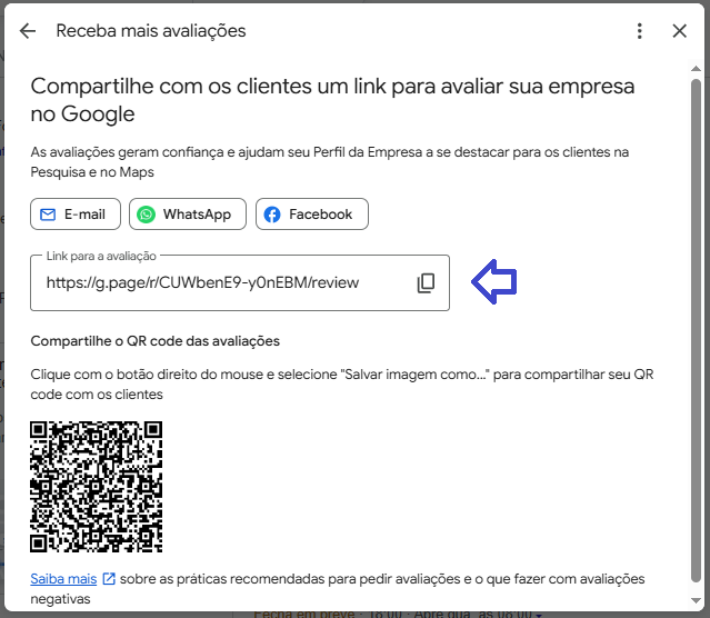 Ícone para copiar o link de avaliação destacado na janela Receba mais avaliações