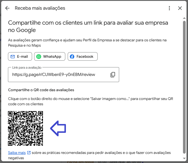 QR Code para avaliações destacado na janela Receba mais avaliações